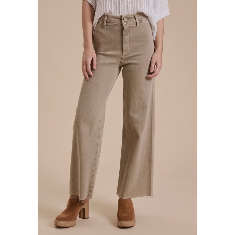 Miou Muse Straight‎ Wide Leg Denim Pants Size Medium Stone Tan High Rise Raw Hem